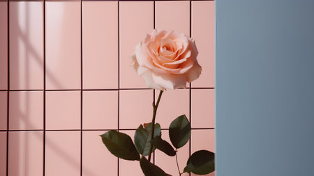 Pink rose on a blue and pink tile wall. 3D renderingの素材