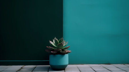 Succulent plant in a pot on the background of a green wallの素材
