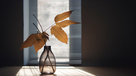 Autumn leaves in a glass vase on the windowsill.の素材