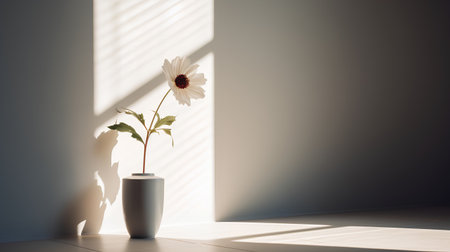 White daisy flower in vase with shadow on the wall. Minimalistic interior design.の素材