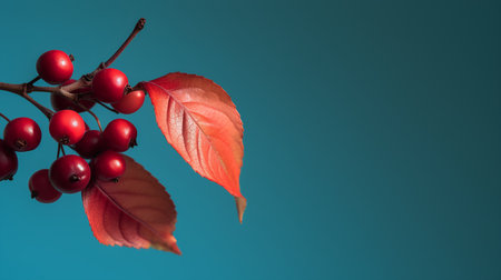 Red hawthorn berries on a blue background with copy space.の素材