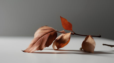 Autumn leaves on a white background. Minimal still life.の素材