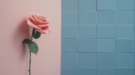 Pink rose on blue and pink tile background. Minimal concept.の素材