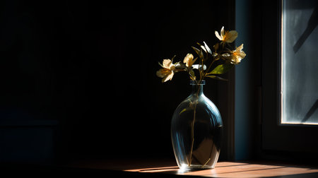 Flowers in a vase on the windowsill in the morningの素材