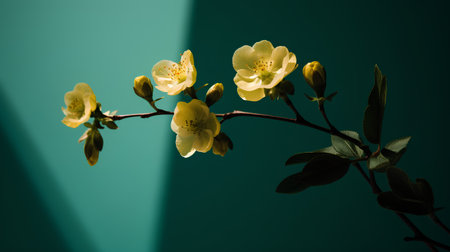 Yellow flowers on a dark green background with a ray of light.の素材