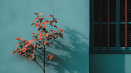 3d render of plant on blue wall background with shadow overlay.の素材