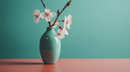 Cherry blossom in a vase on a green background.の素材