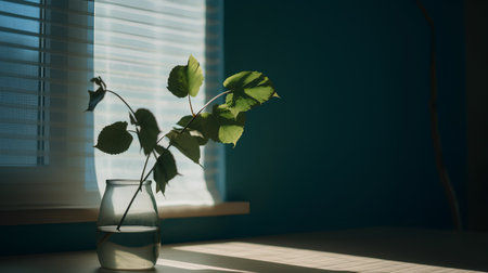 Green leaves in a vase on the windowsill in the morningの素材