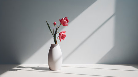 White vase with pink tulips on the white floor in the room with shadow from the window.の素材