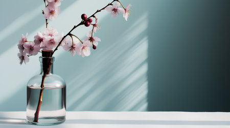 Sakura flowers in glass bottle on white table and blue wall backgroundの素材