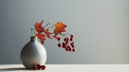 Autumn still life with a vase and red berries. 3D renderingの素材