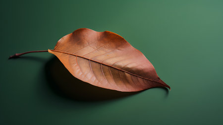 Autumn leaf on green background. Minimal concept. Flat lay.の素材
