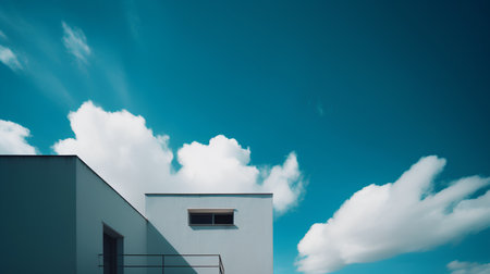 3d render of a modern house with blue sky and white cloudsの素材