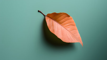Autumn leaf isolated on green background. Minimal nature concept.の素材
