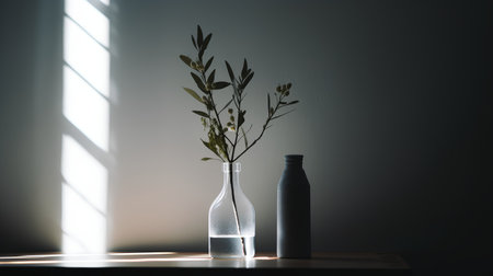Olive branch in a vase on the table. 3d renderingの素材