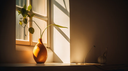 Vase with a plant stands on the windowsill in the sunlightの素材
