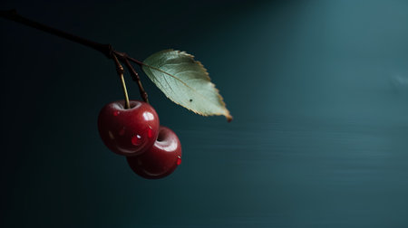 Red cherries on a branch with leaves on a dark blue backgroundの素材