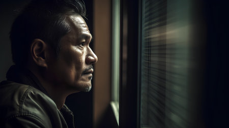 Portrait of an Asian man in depression looking through the window.の素材