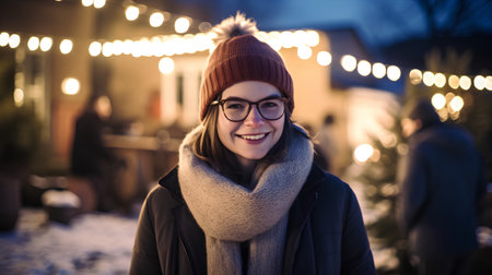 Portrait of a beautiful young woman with glasses and a hat on the background of a Christmas marketの素材