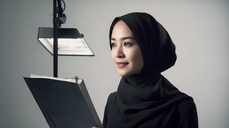 Portrait of young muslim woman reading a book while standing in the living roomの素材