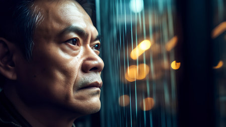 Portrait of Asian senior man looking through the window at night.の素材