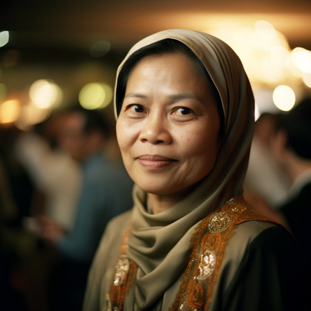 Asian muslim woman with smile and looking at the camera in the restaurantの素材