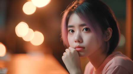Portrait of a beautiful young asian woman thinking with bokeh backgroundの素材