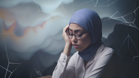 Portrait of young Asian muslim businesswoman wearing hijab and looking at camera over blurred backgroundの素材