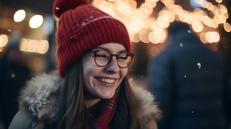 Portrait of a beautiful woman in a red hat and glasses on the background of Christmas lightsの素材