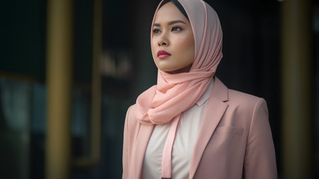 Portrait of a beautiful asian muslim woman wearing pink hijab.の素材