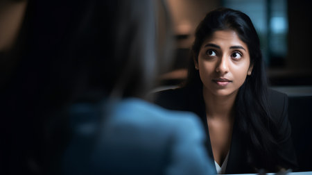 Young businesswoman looking at her colleague in the office. Selective focus.の素材