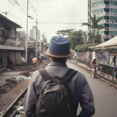 Traveler with backpack and hat in Bangkok, Thailand. Travel concept.の素材