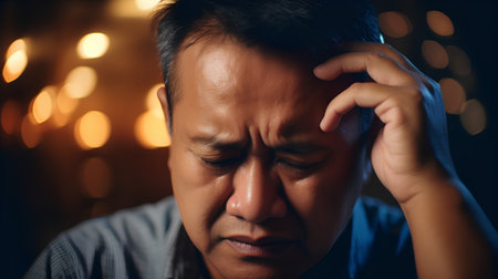 Portrait of stressed Asian man with headache and looking at the camera.の素材