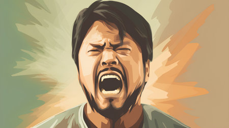 Angry man. Vector illustration of a man screaming with his mouth open.の素材