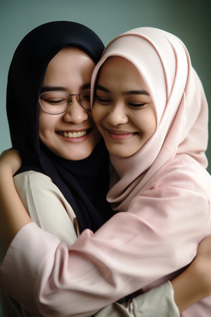 Portrait of two young muslim women hugging and looking at cameraの素材