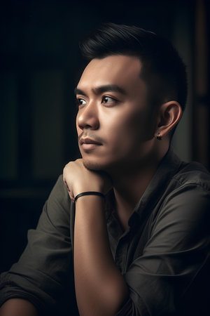 Portrait of young handsome asian man in black shirt looking away.の素材