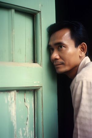 Young Asian man standing in front of an old wooden door and looking at the cameraの素材