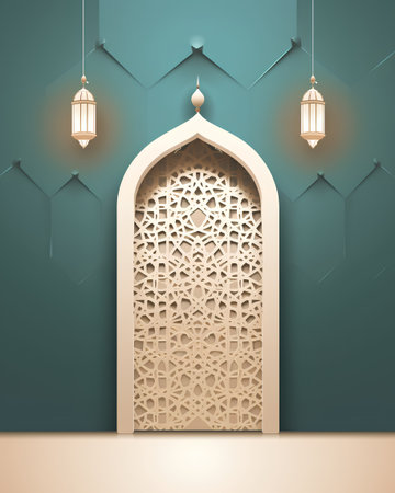 Ramadan Kareem greeting card with arabic islamic window and lampsの素材