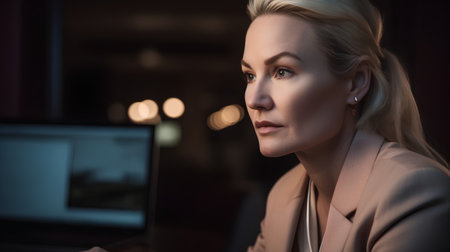 portrait of businesswoman sitting at table with laptop at night officeの素材