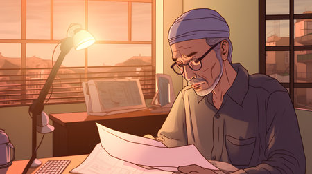 Portrait of an old man reading a newspaper in his office.の素材