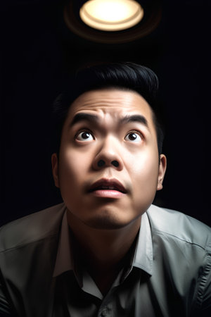 Portrait of a young asian man looking at camera over black backgroundの素材