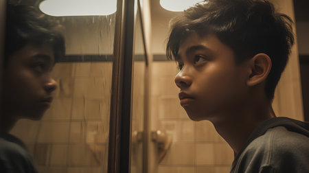 Asian boy looking at reflection in the mirror in the bathroom, vintage toneの素材