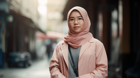 Portrait of a beautiful asian muslim woman wearing hijab in the cityの素材