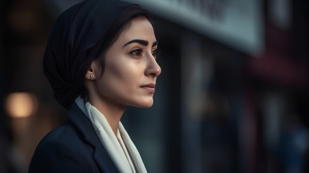 Portrait of a beautiful brunette woman in a black coat and a hijab.の素材