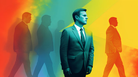 Silhouette of business people in front of multicolored backgroundの素材