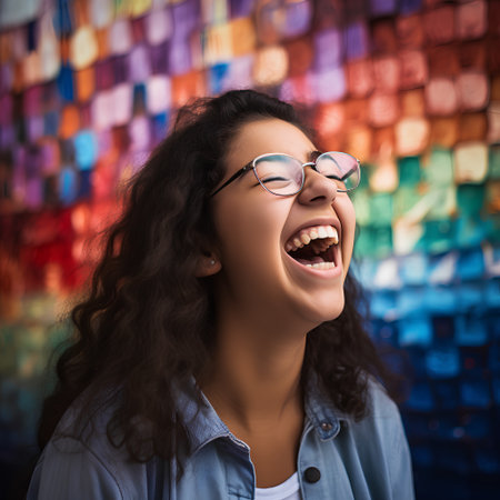 Portrait of a happy young woman in eyeglasses against colorful backgroundの素材