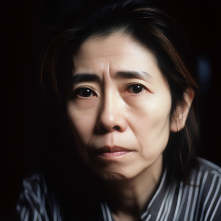 Portrait of asian woman looking at camera and frowning.の素材