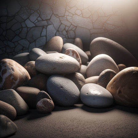 Pebbles on the beach at sunset. 3d illustration.の素材