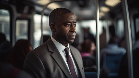 African american businessman in a subway car. Shallow depth of field.の素材