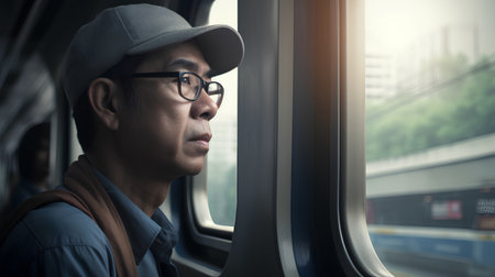 Side view of Asian man in cap and eyeglasses looking away while traveling by train.の素材